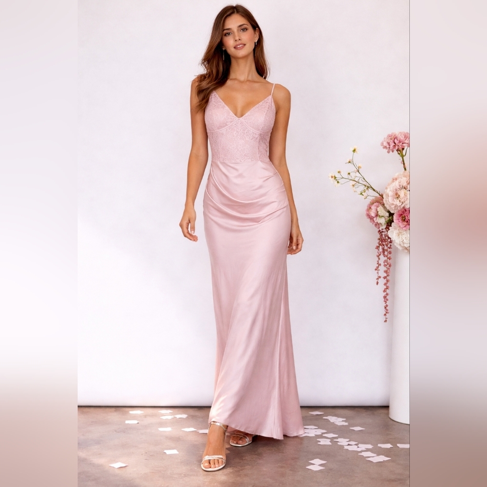 NWT Selfie Leslie Pink Lace Maxi Dress Evening Gown Satin Bottom Small Spring